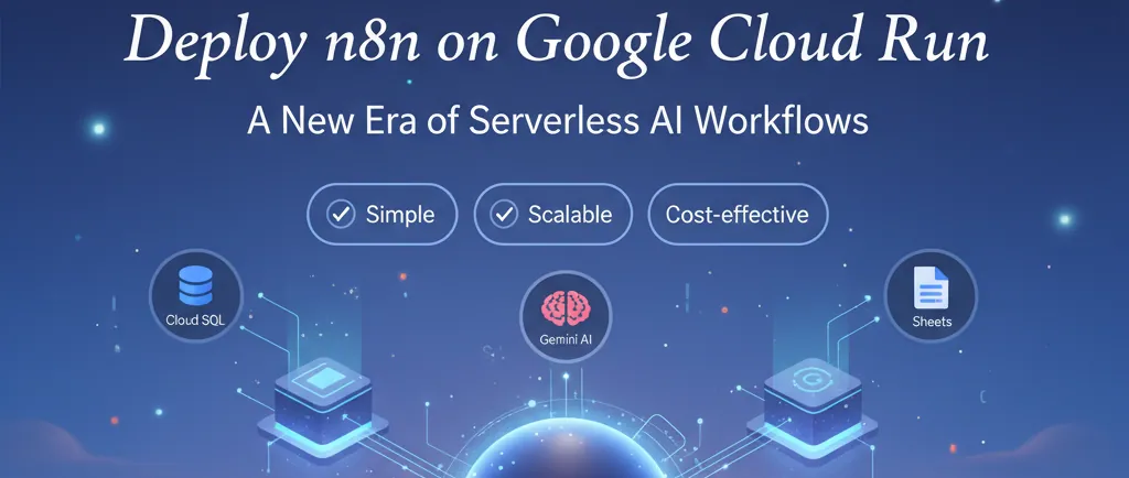 Illustration titled "Deploy n8n on Google Cloud Run: a new era of serverless AI workflows" with Cloud SQL, Gemini AI and Google Sheets icons