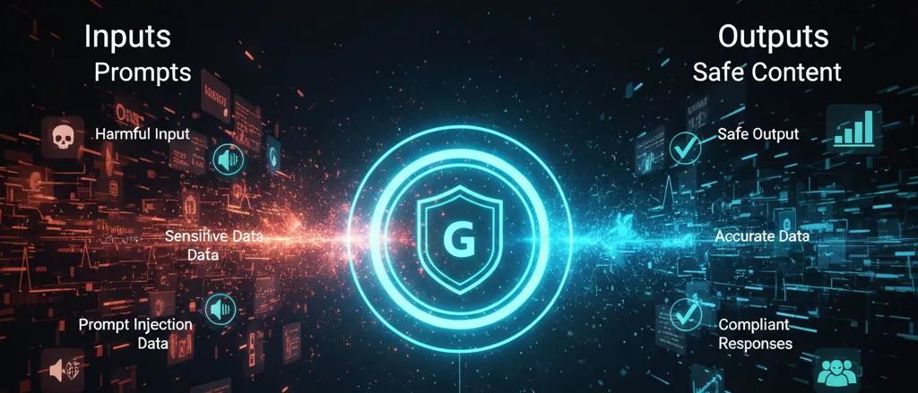 Illustration of AI guardrails: a shield that turns harmful input, sensitive data and prompt injection into safe, accurate and compliant output